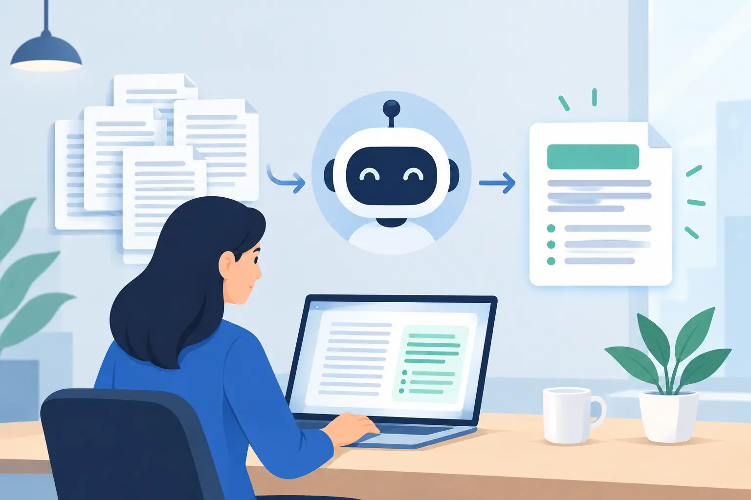 Illustration of a person reviewing documents with an AI-generated summary on a laptop