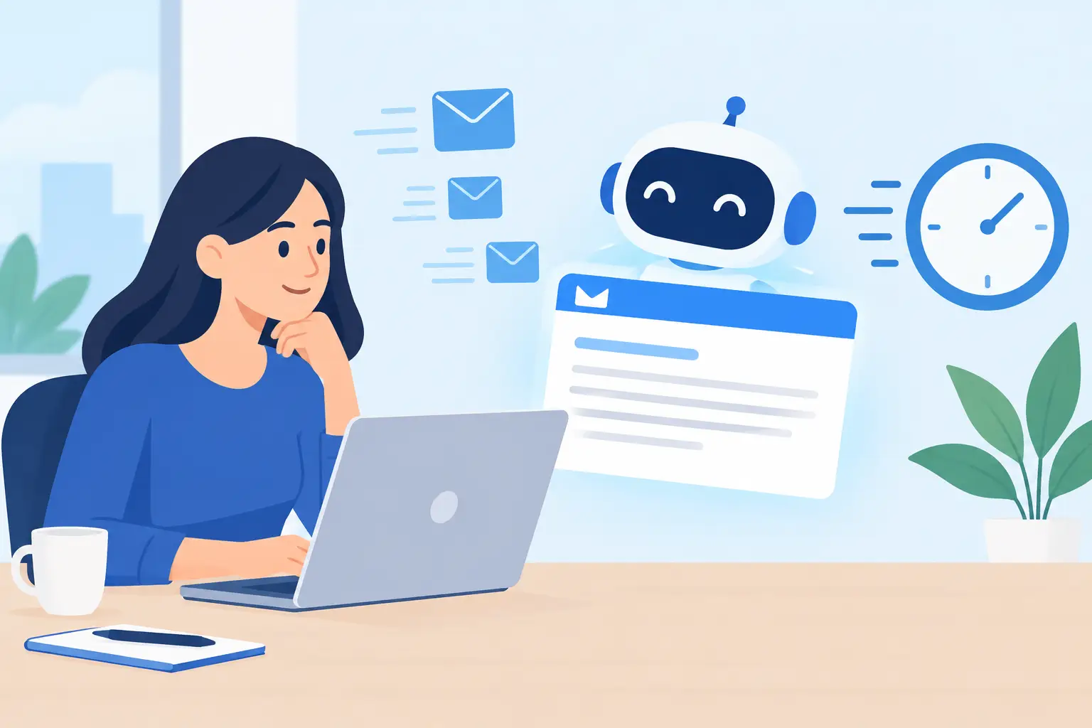 Illustration of a staff member reviewing an AI-drafted email beside a laptop