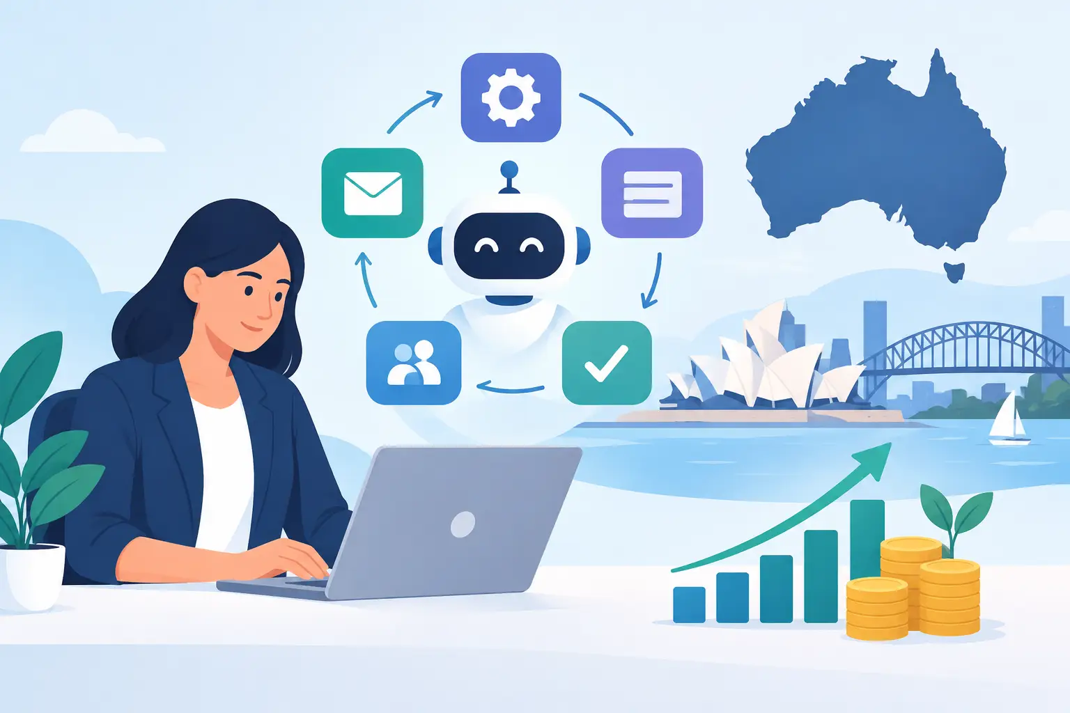 Illustration of a person using a laptop beside AI workflow icons, a map of Australia and Sydney Harbour.