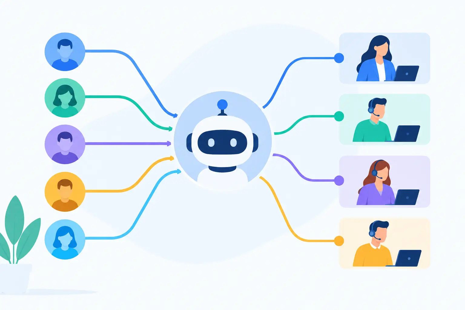 Diagram of incoming leads routed to sales team members with an AI assistant