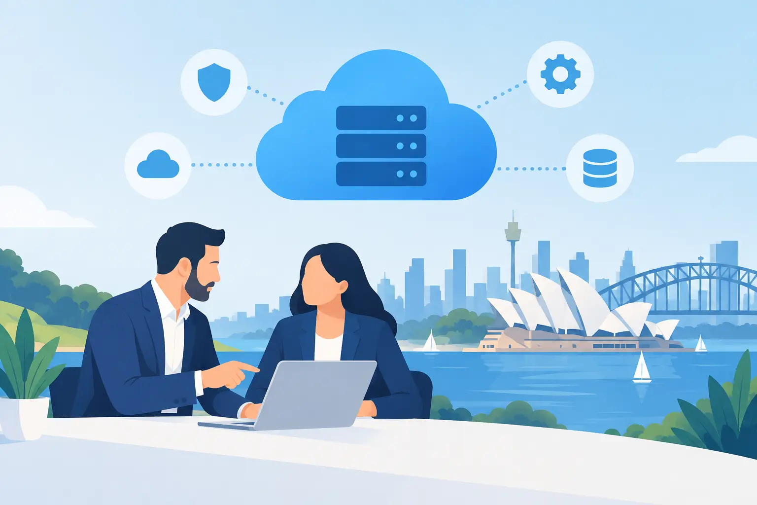 Two consultants reviewing a laptop beside an illustrated cloud, database and security diagram over Sydney Harbour