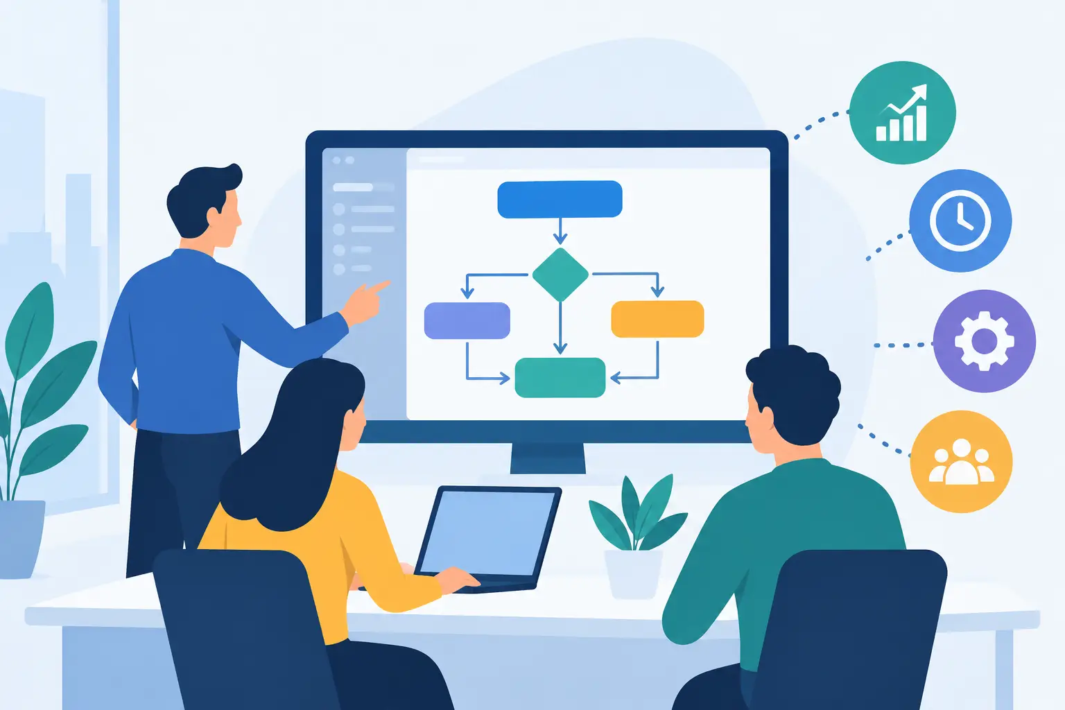 Team reviewing a connected business workflow across their systems