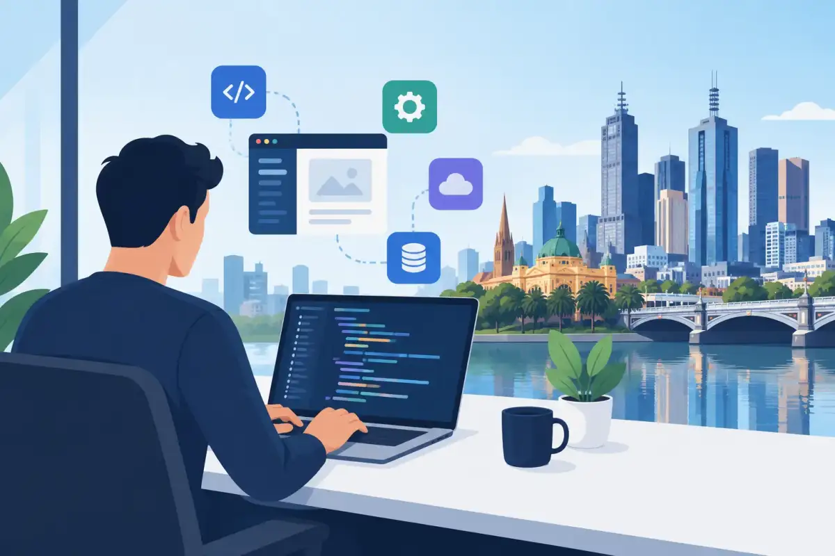 Illustration of a developer working on connected software with Melbourne’s skyline and the Yarra River outside the window