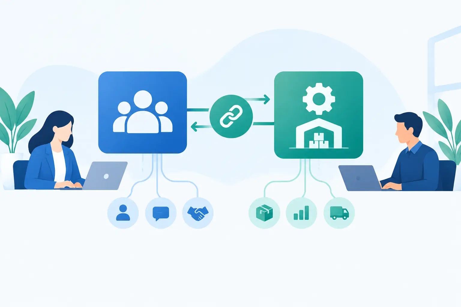 Illustration of CRM customer data linked to ERP inventory and fulfilment data