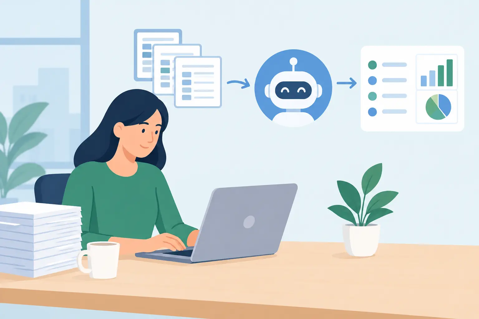 Illustration of a person at a laptop, with paper records flowing through an automation symbol into a dashboard