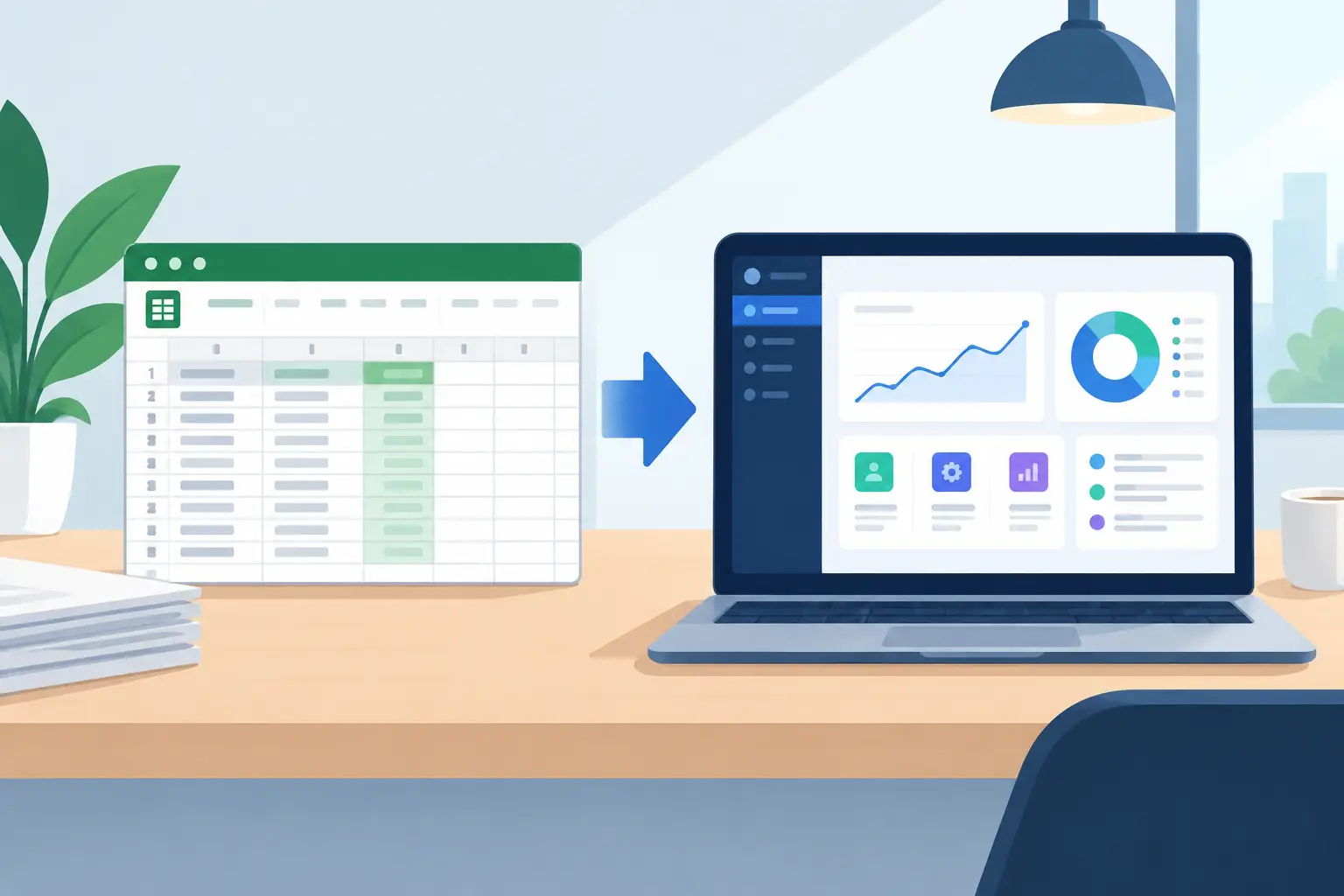 Spreadsheet data flowing into a custom business dashboard on a laptop