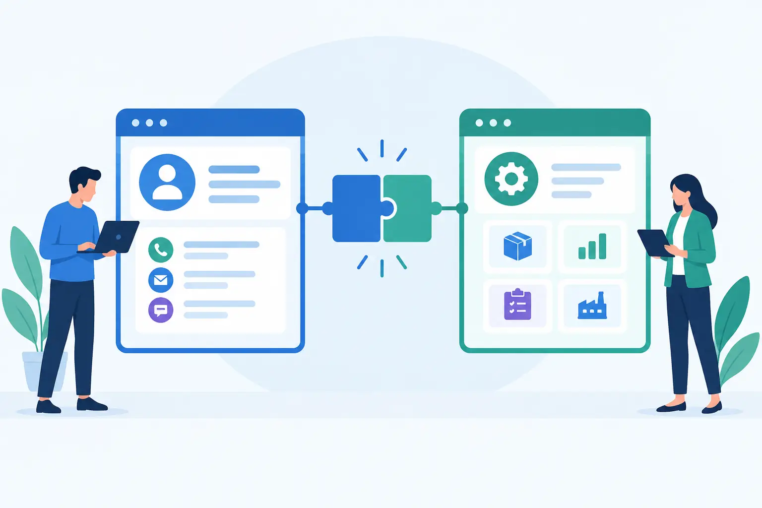 Illustration of customer records and operations dashboards joined by blue and green puzzle pieces, with two people using laptops.