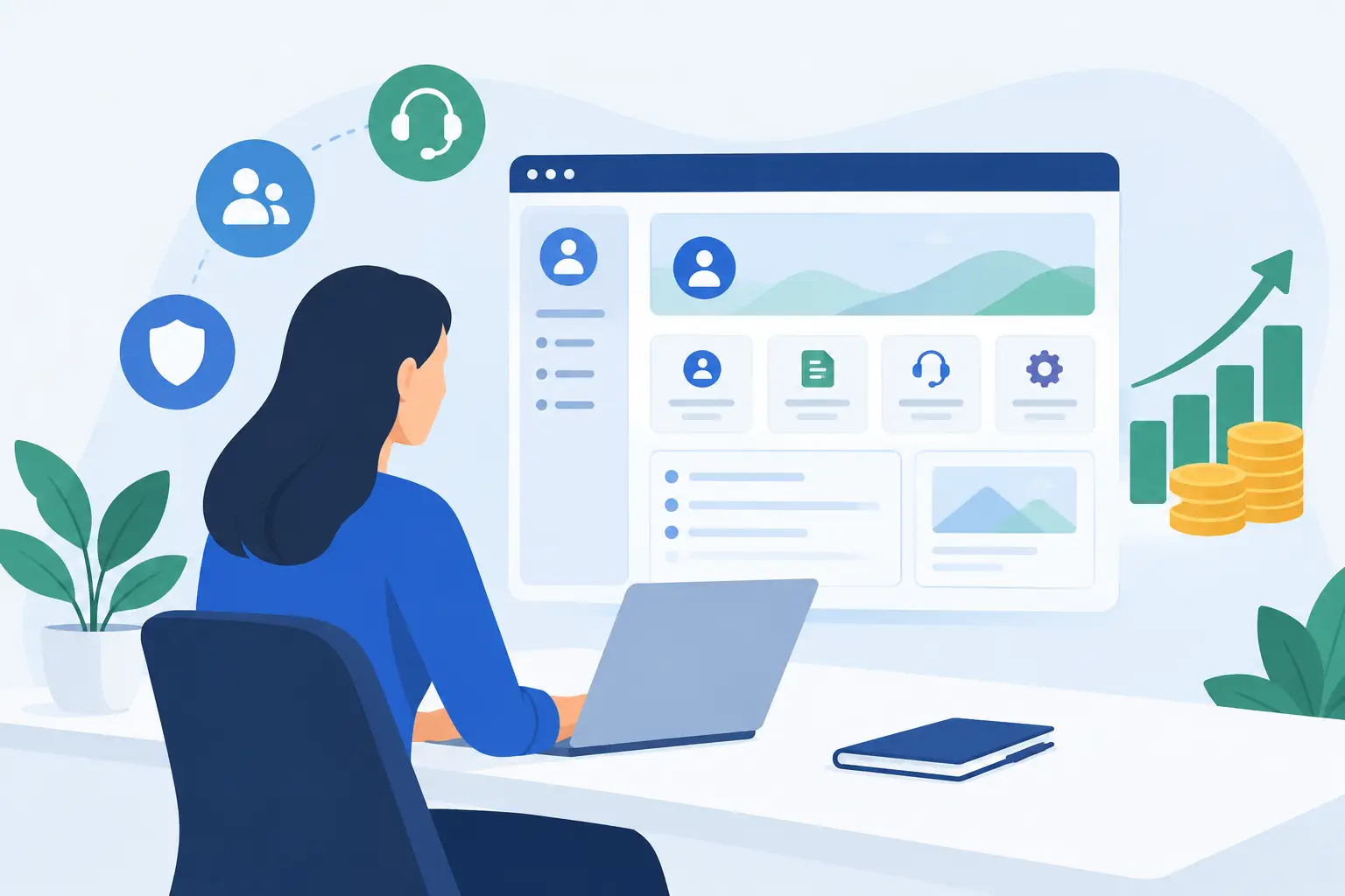 Illustration of a person viewing a customer portal dashboard, with support, security and growth symbols.