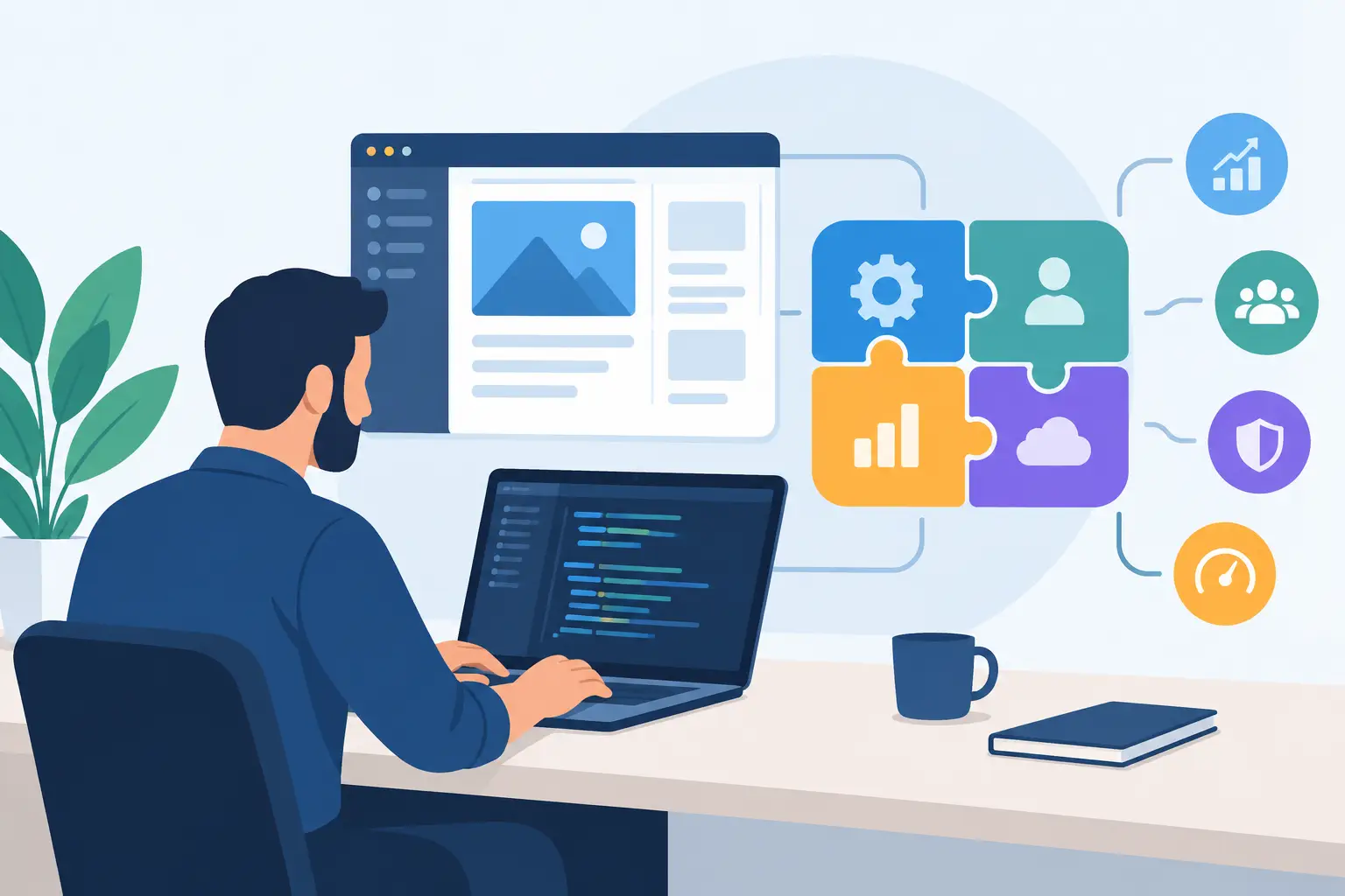 Illustration of a developer connecting software modules for business workflows, analytics and security
