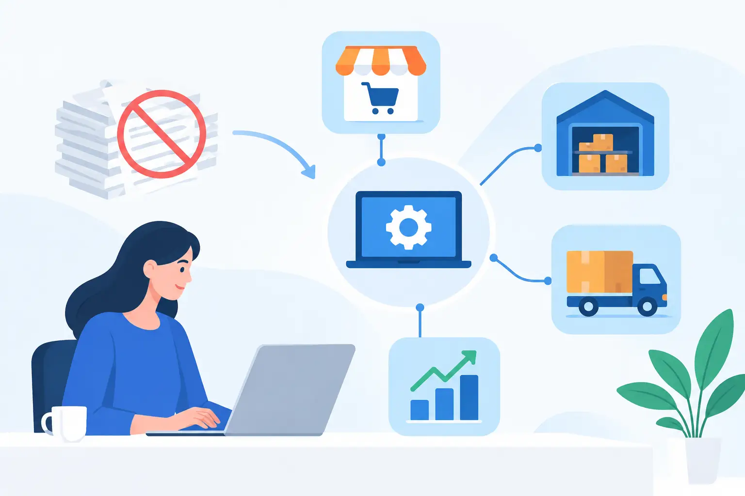 Illustration of an online store connected to warehouse, delivery and growth icons through integration software, with paperwork crossed out.
