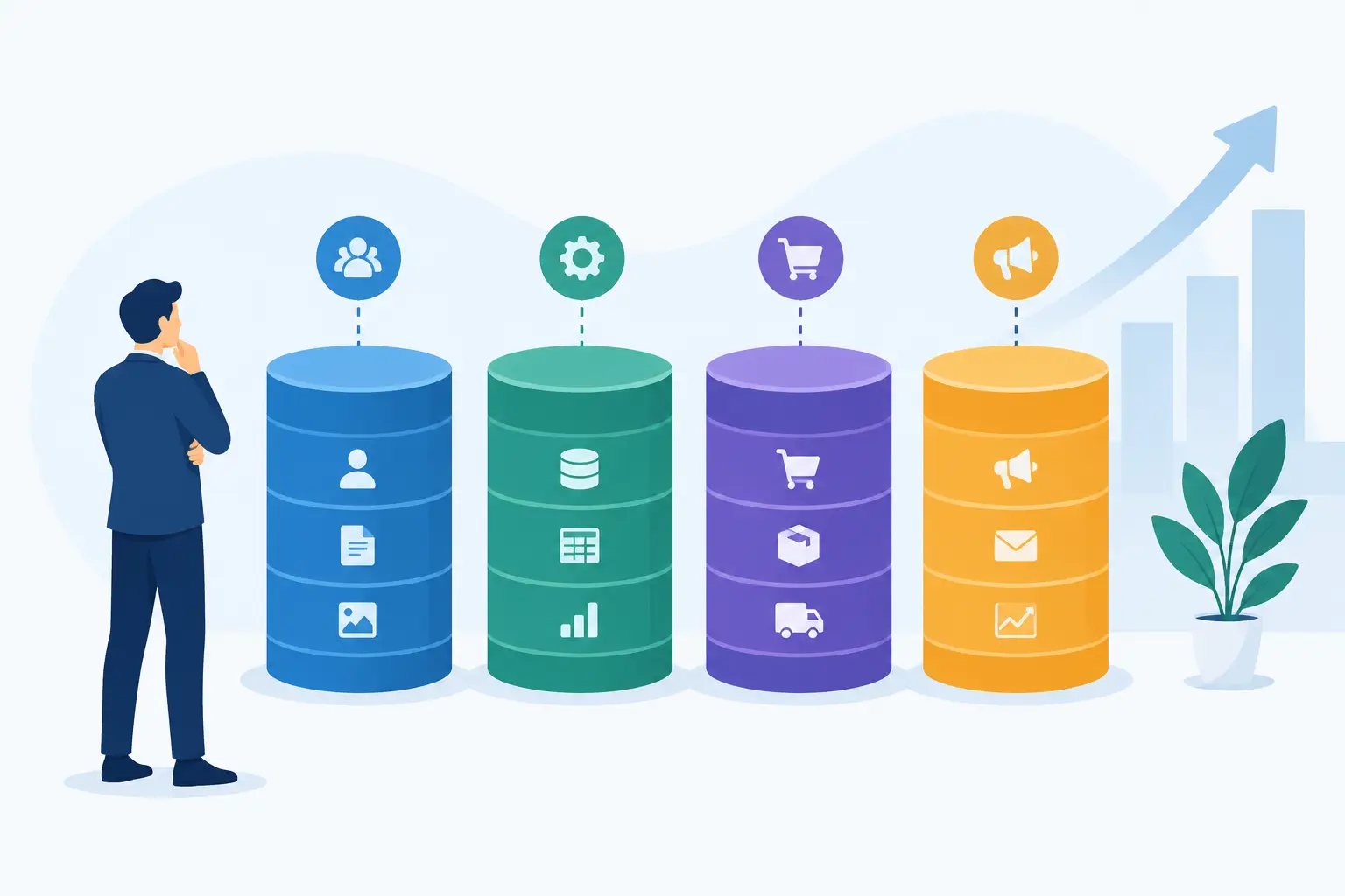 Four separate data stores representing customer records, operations, ecommerce and marketing beside a growing chart.